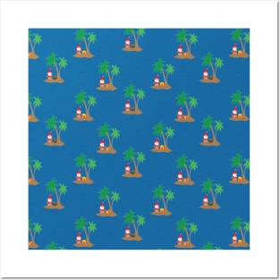 Santa Claus on an island with a palm tree and a gift box in the middle of the ocean. Fun tropical Christmas print. Posters and Art